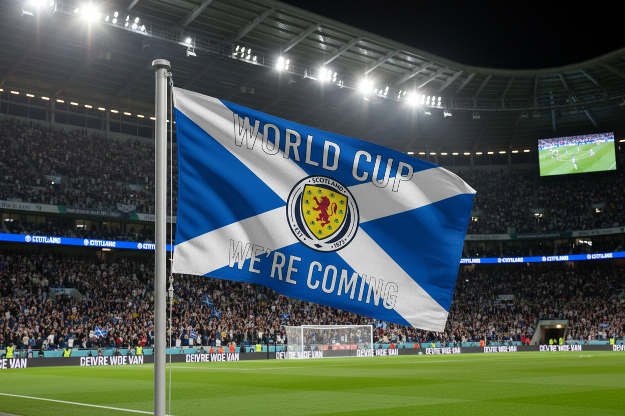 World Cup We're Coming Flag on pole in stadium